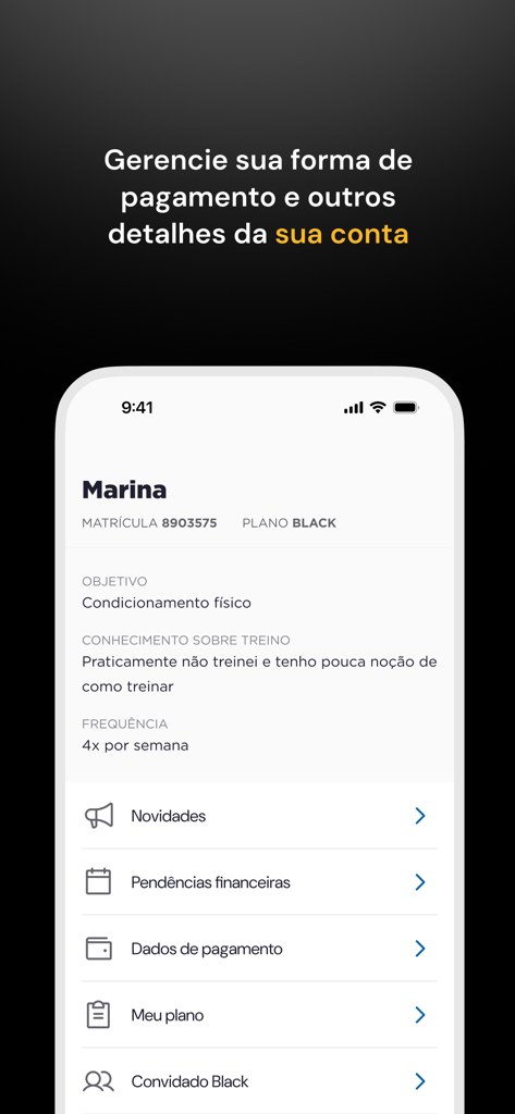 Smart Fit App - 사용자 프로필 세부 정보 및 헬스장 멤버십 플랜 옵션을 보여주는 Smart Fit 앱 계정 관리 화면