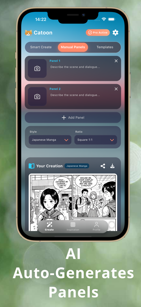 Catoon: AI Webtoon Comic Maker - Interface of Catoon app showing AI auto generated comic panels and manual storyboarding options