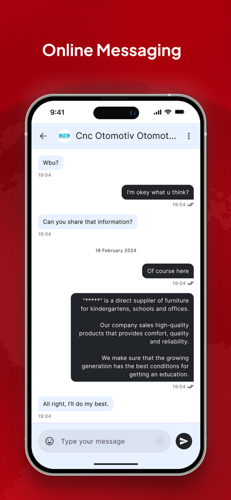 TurkishExporter - Interface showing real time business messaging between an importer and a Turkish supplier in the TurkishExporter app