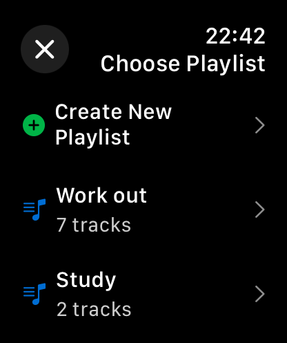 Apple Watch interface of the Finy app displaying the playlist selection screen with options to create new playlists or choose existing ones like Work out and Study