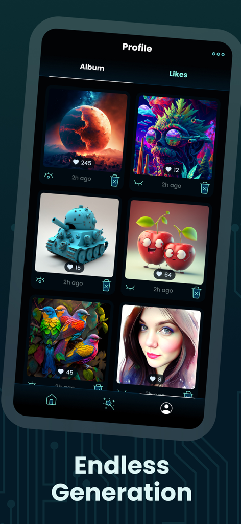 Uma tela de smartphone exibindo a seção de perfil do aplicativo GenZArt com uma coleção de imagens geradas por IA, como paisagens espaciais e personagens coloridos