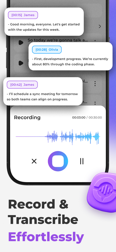 Noteum: AI Meeting Note Taker - Noteum app interface showing real-time meeting transcription with speaker names and a live audio recording waveform.