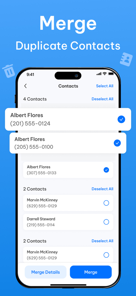 A smartphone screen showing the feature to merge duplicate contacts in the Photo Cleaner app
