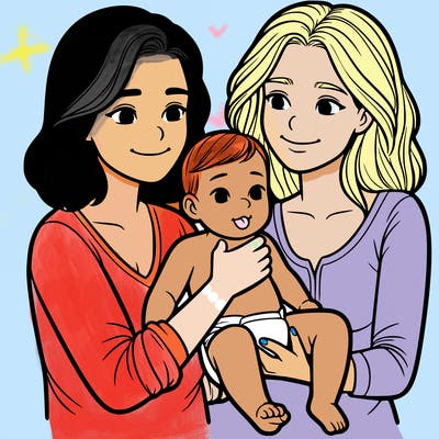 two realistic women holding one baby together