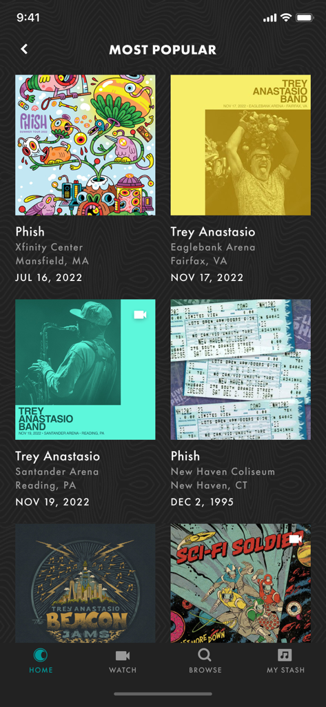 LivePhish - Screenshot der LivePhish-App, der die beliebtesten Live-Aufnahmen von Phish und Trey Anastasio Band zeigt.