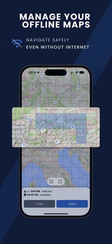 Kurviger Motorcycle Navigation - Kurviger motorcycle navigation app interface for downloading and managing offline maps for safe riding without internet.