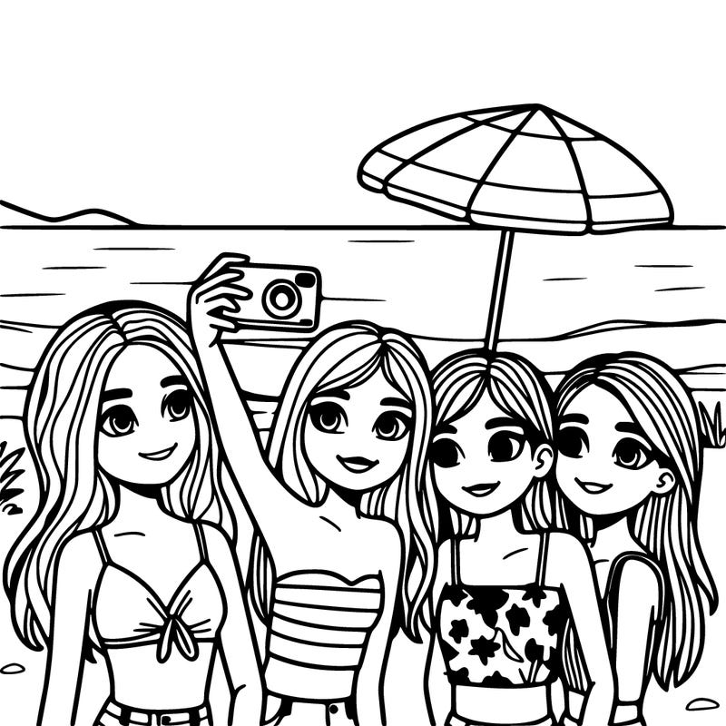 four teen girls taking a selfie at the beach