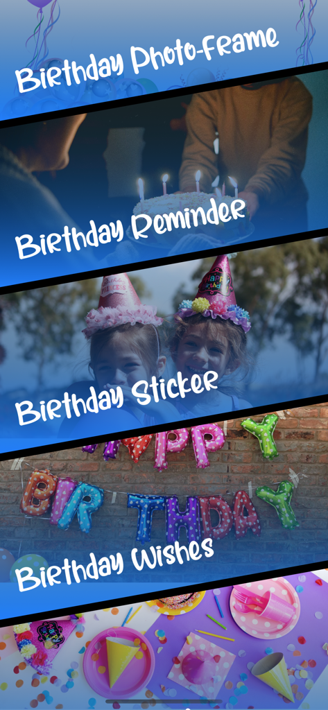 Happy Birthday Card Maker. - A menu screen showing birthday app features like photo frames, reminders, stickers, and wishes with celebratory background images.