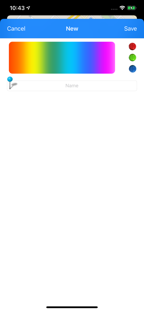 Pin the World 2 - カラーピッカーを使用して、新しいロケーションピンを追加およびカスタマイズするためのインターフェース。