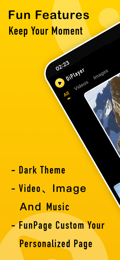 OiVideo - Music Browser Player - OiVideo app interface highlighting dark theme and personalized media playback features on a bright yellow background