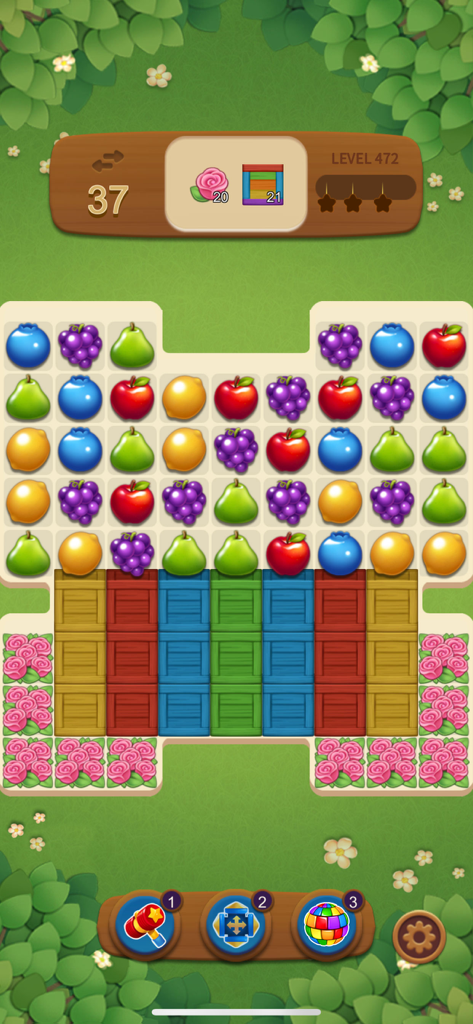 Fruits Magic : Match 3 Puzzle - Captura de pantalla de jugabilidad de Fruits Magic Match 3 Puzzle mostrando fichas de frutas y objetivos de nivel.