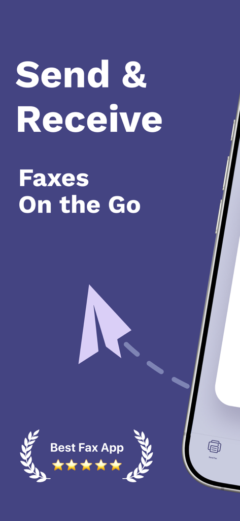 Promotional screen for a mobile fax app featuring text Send and Receive Faxes On the Go with a 5 star rating