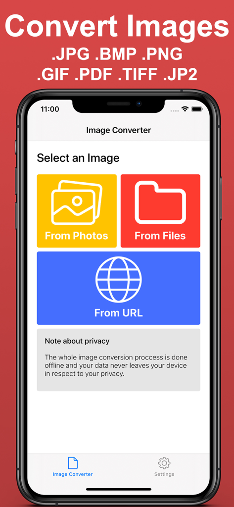 Main interface of the Offline Image Converter app showing options to select images from photos files or URL