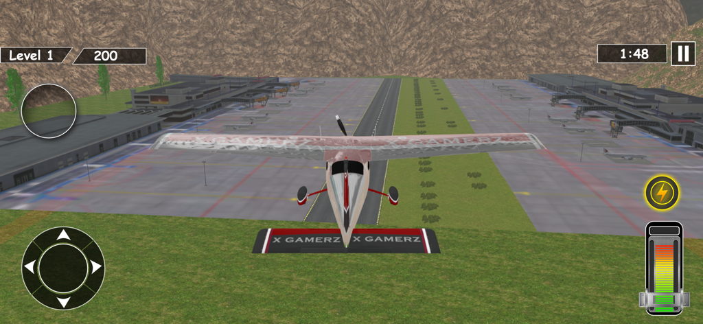 A 3D gameplay view of a small airplane on an airport runway with mountain scenery.