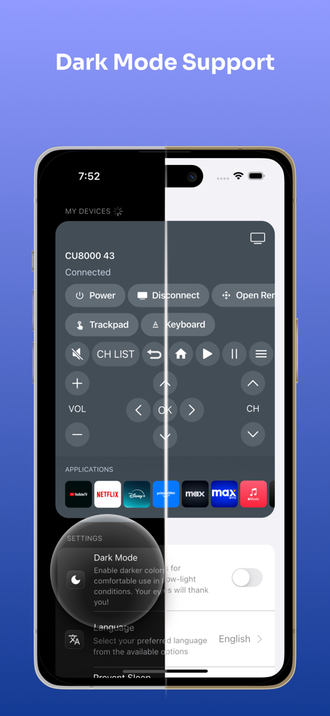 Easy Remote: Remote Control TV - Vista de pantalla dividida comparando los modos claro y oscuro en la interfaz de la aplicación de control de TV Easy Remote.