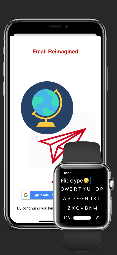 Googleサインインを表示するiPhone上のWristMailアプリとQWERTYキーボードを表示するApple Watch