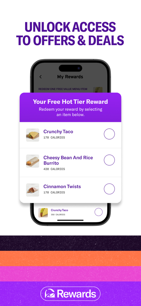 Taco Bell mobile app interface showing exclusive rewards and free menu items