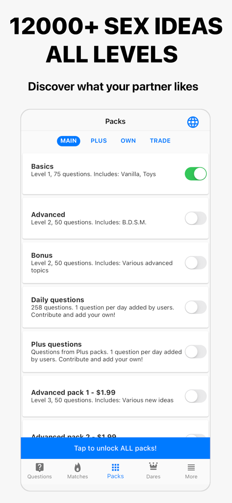 Spicer - Sex Ideas For Couples - Interfaz de la aplicación móvil mostrando diferentes niveles de intimidad y paquetes de preguntas de ideas sexuales para parejas