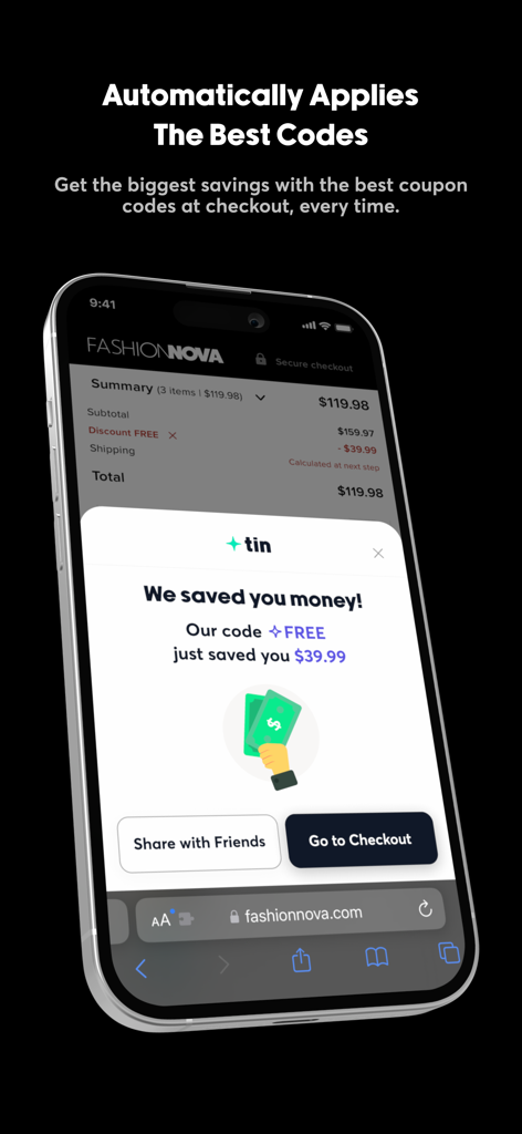 Mobile screen showing the Tin Safari extension automatically applying a discount code at checkout