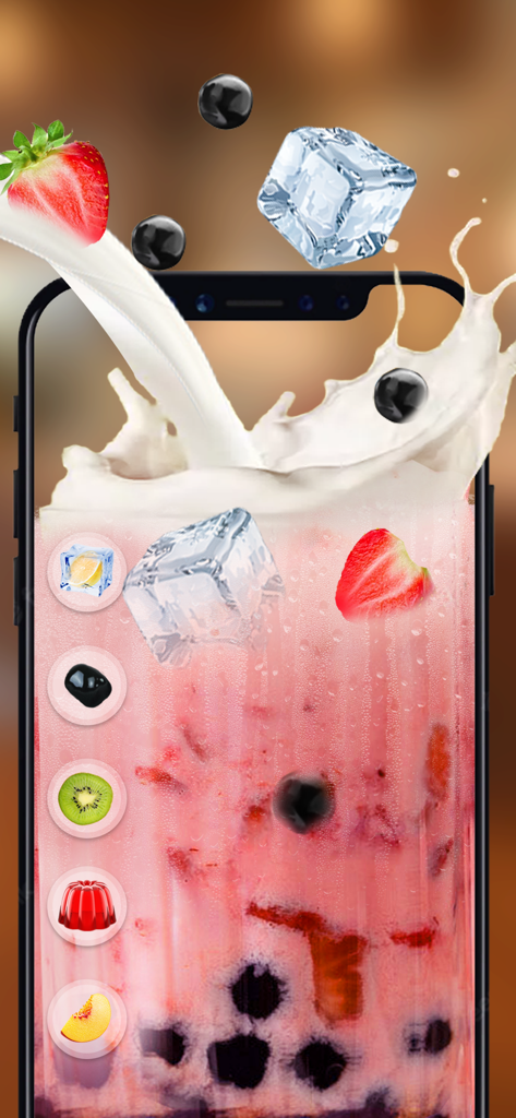 Boba Tale: Bubble Tea Recipe - A smartphone screen displaying a pink bubble tea recipe with a milk splash and various toppings like boba pearls and fruit.