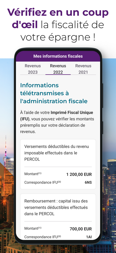 My Savings - A screenshot of the My Savings app displaying personal tax information and deductible contributions for employee savings plans