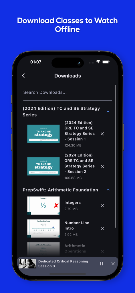 GregMat - GRE and TOEFL Prep - A screenshot of the GregMat app downloads screen showing saved GRE and TOEFL video lessons for offline study.