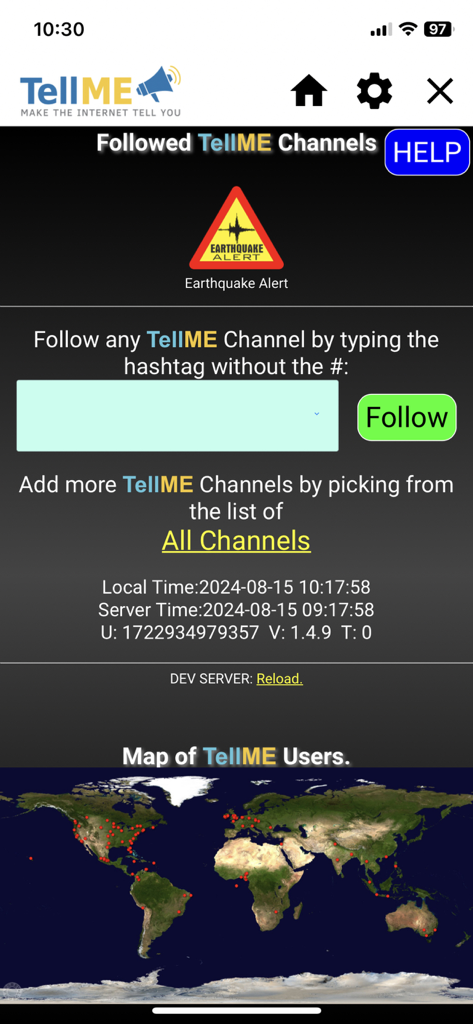 TellME - Curated News Reader - Interface of the TellME news app showing followed channels and a map of users worldwide.