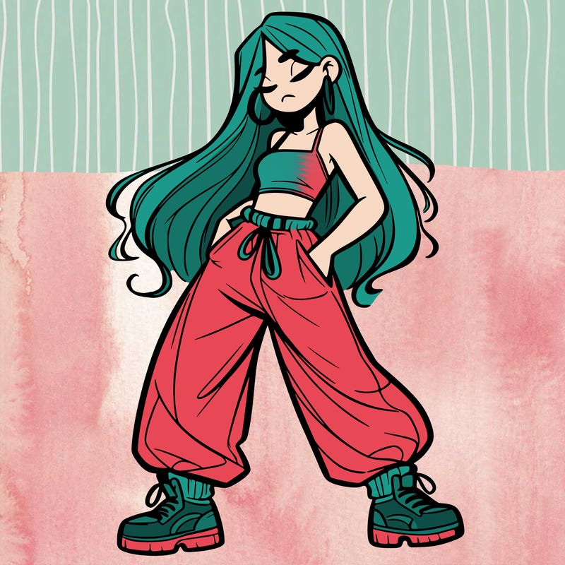 girl in baggy pants crop top and long hair