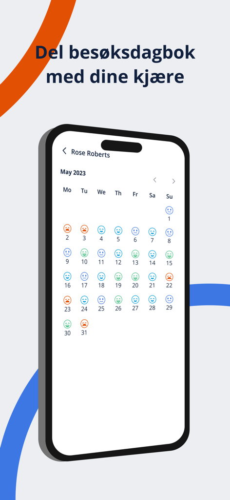 Berntsen - Monthly calendar view in the Berntsen app displaying daily mood emojis for senior care monitoring.