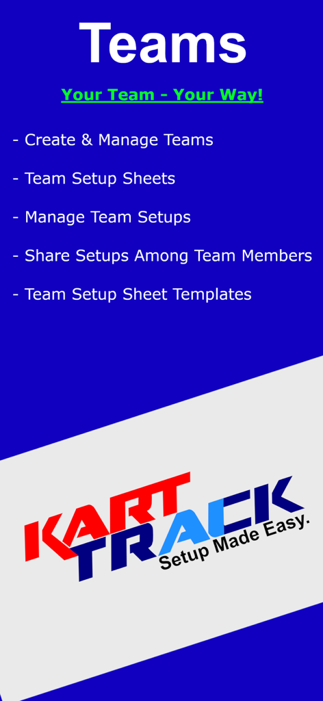 Vista general de la función de equipos en Kart Track para compartir configuraciones de carreras y gestionar hojas de equipo