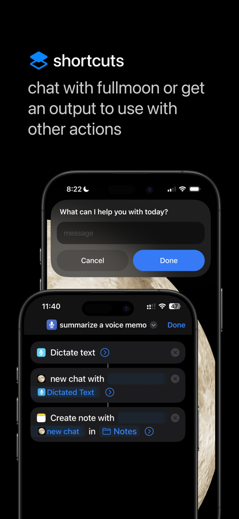 fullmoon: local intelligence - Fullmoon app screen showing Apple Shortcuts integration for local AI automation.