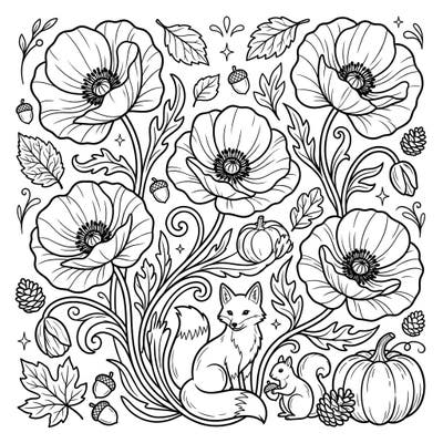 Celebrate the rich colors of fall with this intricate coloring page showcasing graceful white poppies intertwined with autumnal foliage. Discover a charming fox and a busy squirrel nestled among pumpkins and acorns, ready for your creative touch.
