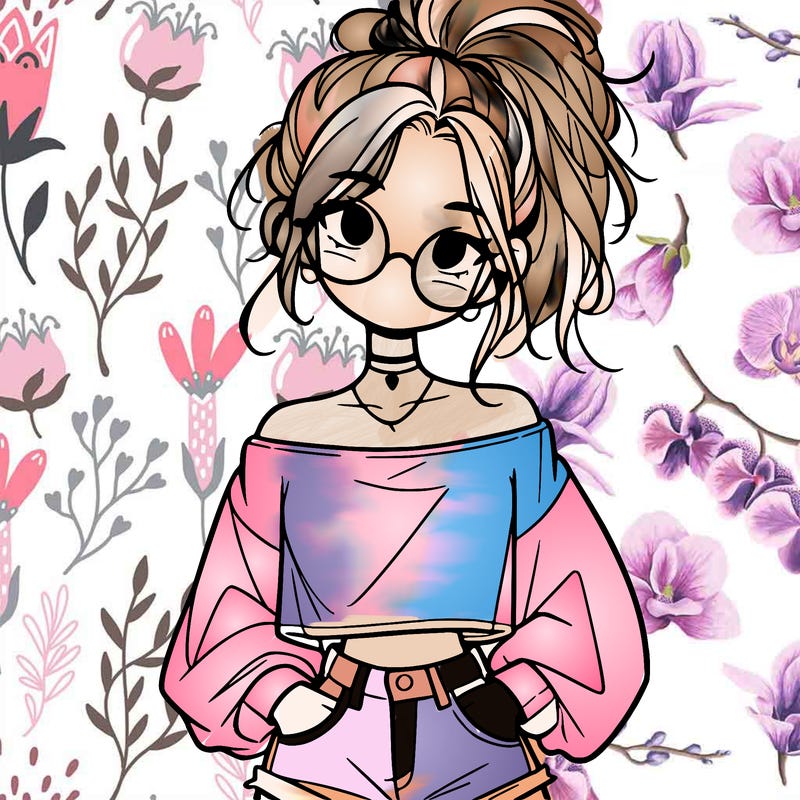 girl with a messy ponytail glasses a baggy crop top and jean shorts