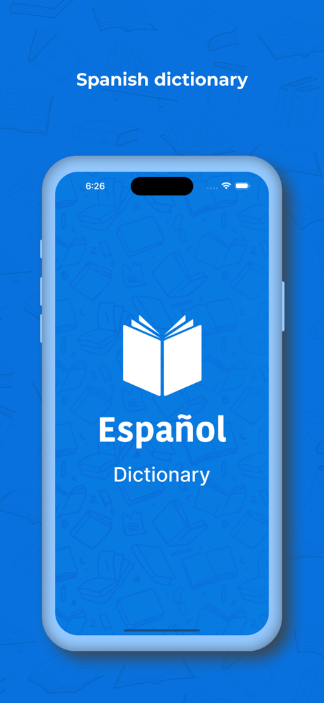 Spanish Dictionary+ Translator - Splash screen of the Spanish Dictionary and Translator app featuring a white book icon and blue background
