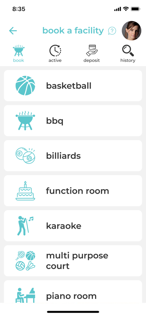 Mobile app screen showing various condo facility booking options like basketball and BBQ