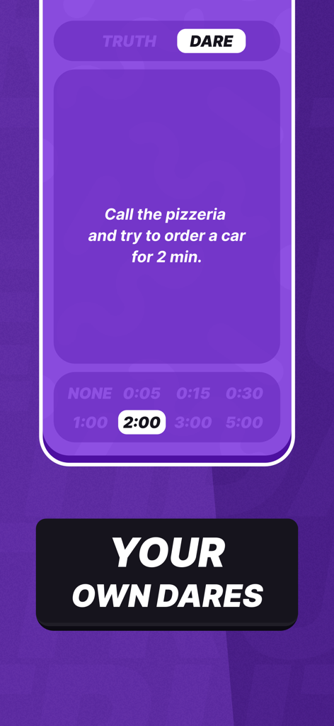 Party Animals: Truth or Dare - Interfaz de la aplicación Party Animals que muestra un reto para llamar a una pizzería y pedir un coche con un temporizador de 2 minutos.