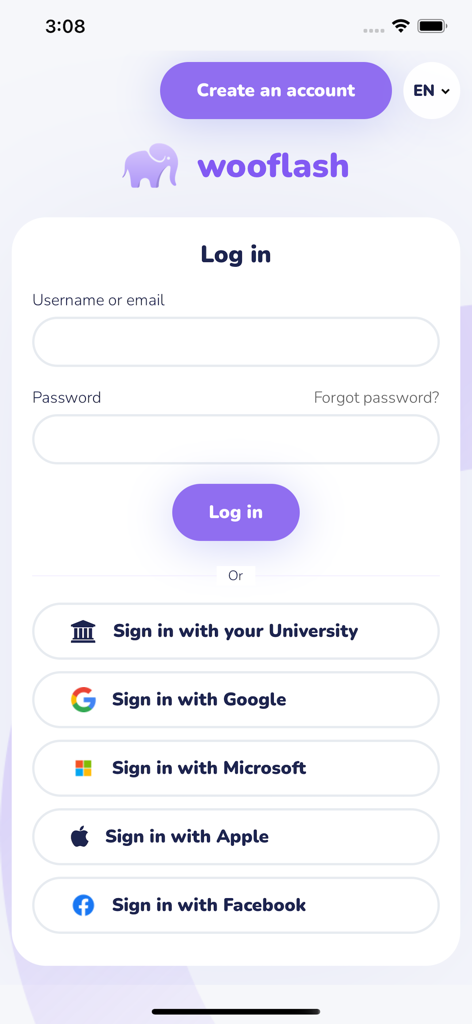 Wooflash - Interfaz de inicio de sesión de la aplicación Wooflash con opciones de inicio de sesión por correo electrónico y varios proveedores de inicio de sesión único, incluidas cuentas universitarias y de redes sociales.
