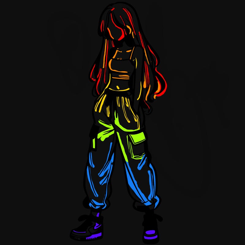 girl in baggy pants crop top and long hair