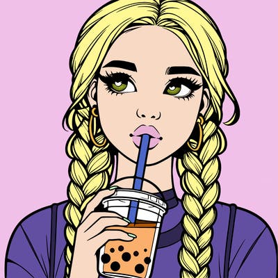 realistic girl with braided hair drinking boba