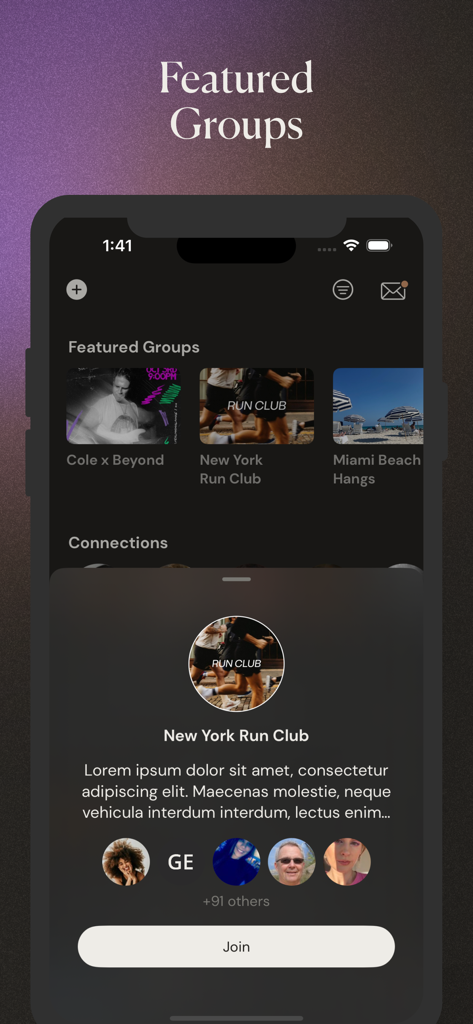 Beyond: Modern Dating App - Beyond dating app screen showing featured community groups like New York Run Club and a join option