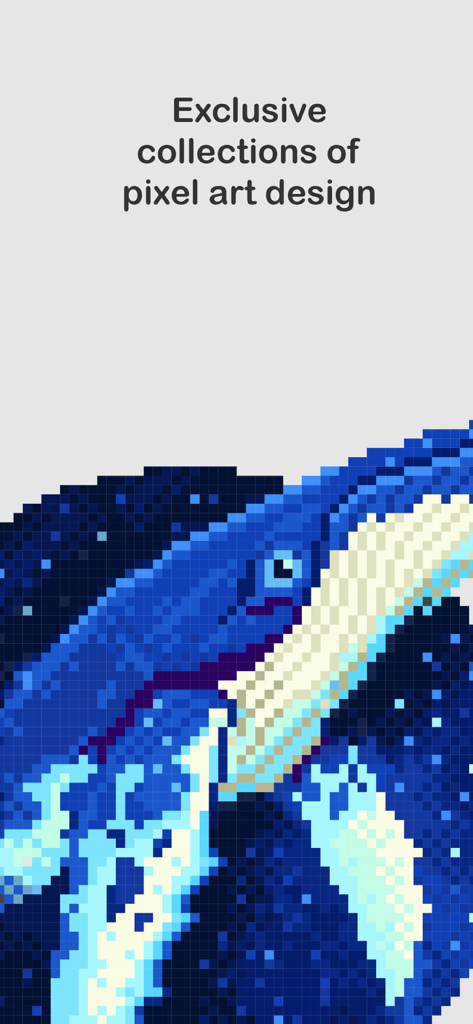 A pixel art illustration of a blue whale in a starry deep blue sea