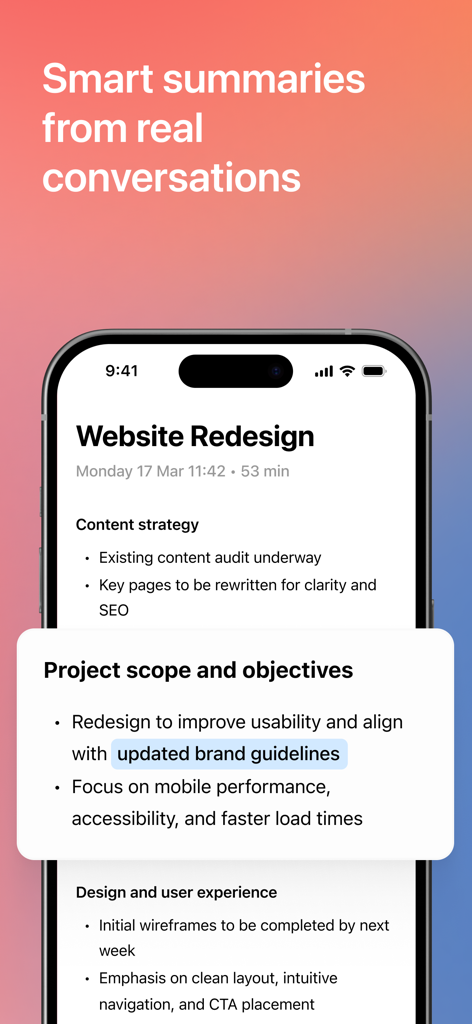 Cue - Smart AI Meeting Notes - iPhone screen displaying AI-generated meeting notes and project summaries for a website redesign