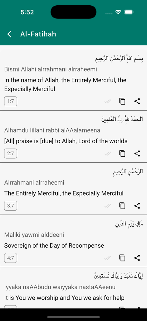 Screen showing Al-Fatihah Surah with Arabic text and English translation in the Light of Deen app