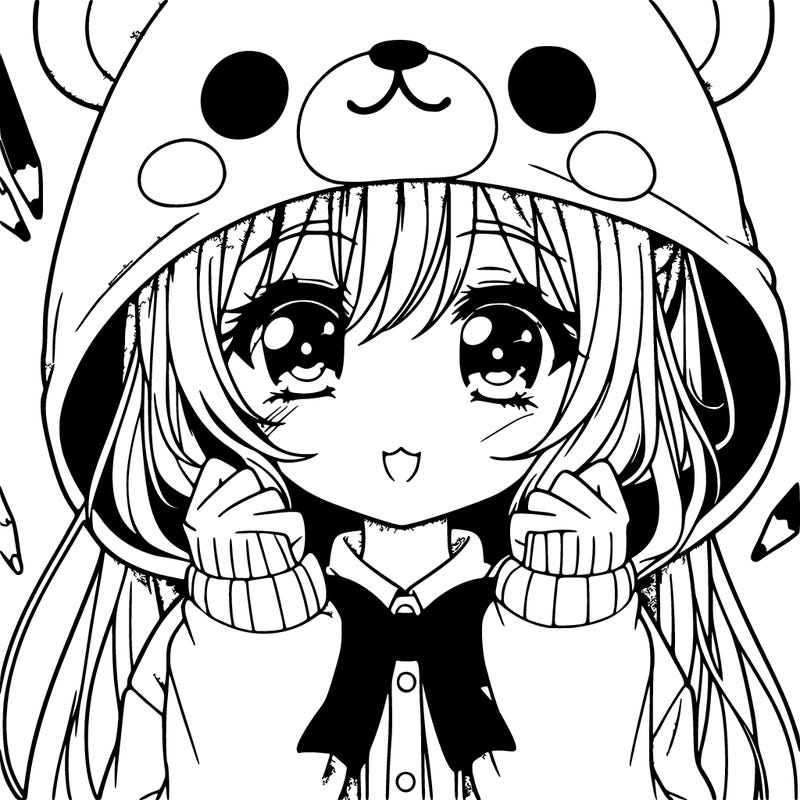 manga girl in cute bear hoodie