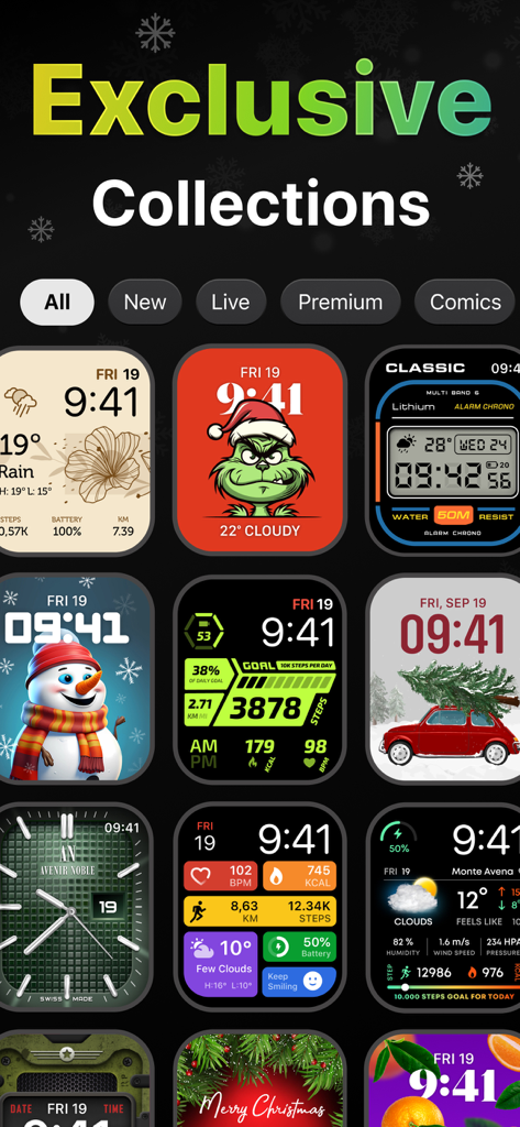 Watch Faces Gallery & Creator - 様々​​なカスタムApple Watchフェイスデザイン（お祭りのキャラクターや健康データ表示を含む）を表示するギャラリービュー