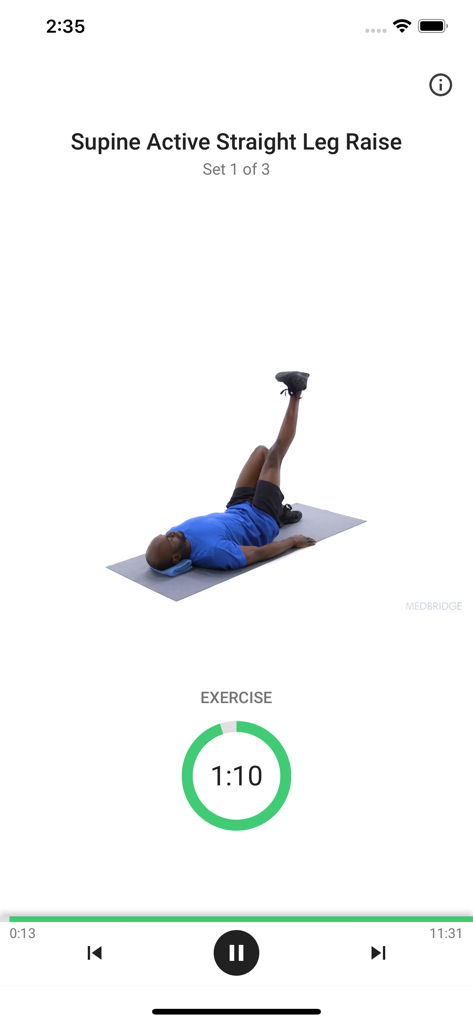 Medbridge GO app interface showing a physical therapy exercise video for a supine straight leg raise
