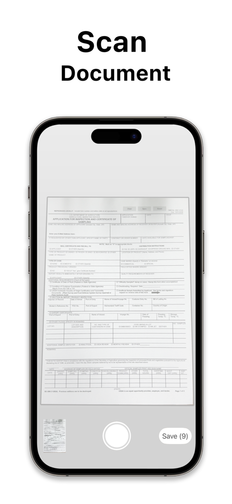 Smart Printer App ゜ - Pantalla de iPhone mostrando la función de escaneo de documentos de la App Impresora Inteligente capturando un formulario en papel