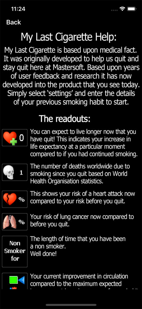 My Last Cigarette - Una pantalla de ayuda de la aplicación Mi Último Cigarrillo explicando los indicadores de datos de salud como la esperanza de vida y el riesgo de ataque cardíaco.
