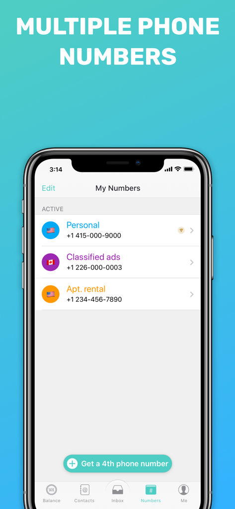 Interface of the Free Tone app showing multiple active US and Canada phone numbers for personal use and classified ads