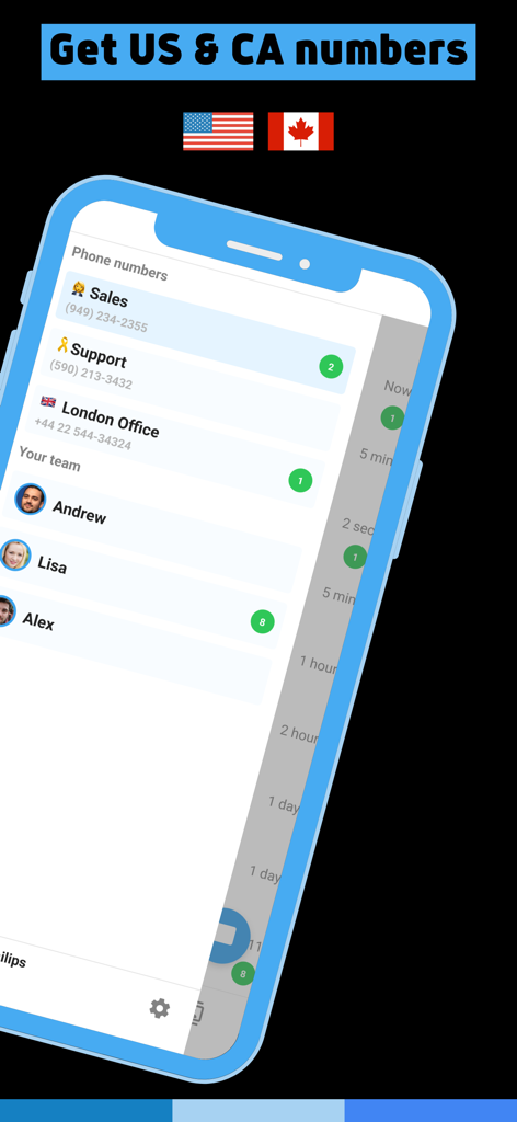 Phone2: Business Phone Number - Interface of Phone2 app showing multiple US and Canada business phone numbers and team collaboration workspace